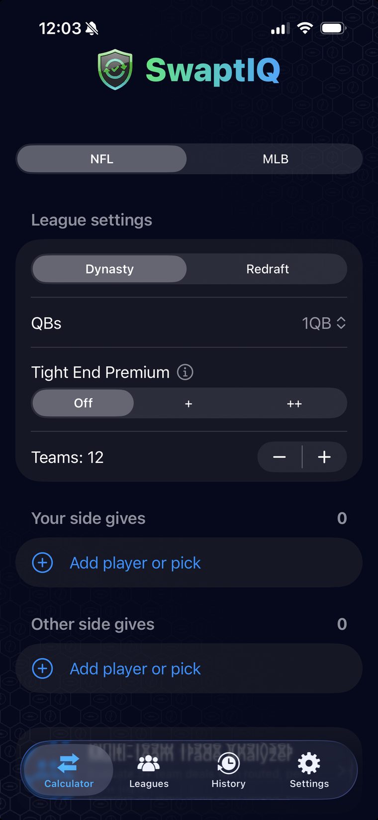 The SwaptIQ trade calculator with league settings for dynasty, QB count, tight end premium, and team count.