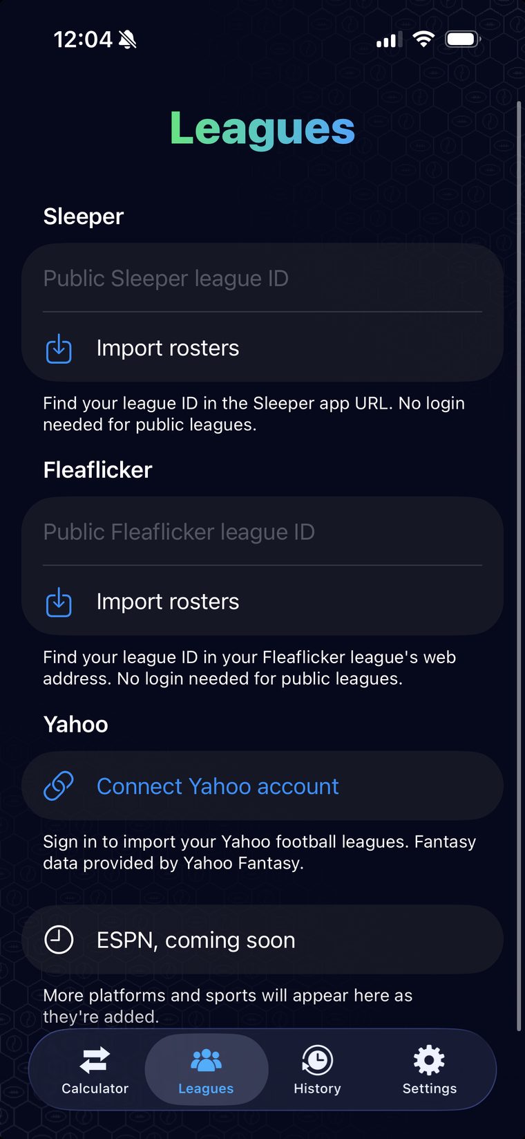 The SwaptIQ Leagues screen with import fields for Sleeper and Fleaflicker and a Yahoo sign-in option.