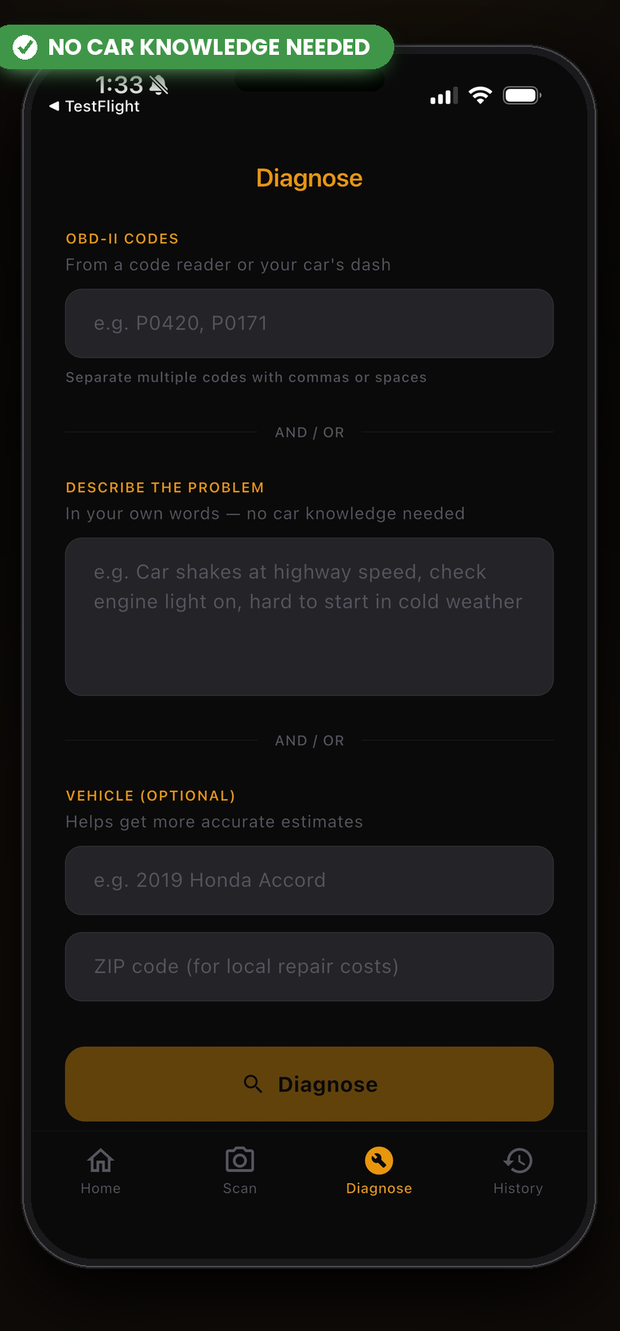 The diagnose screen, where you can enter an OBD-II code or describe a symptom