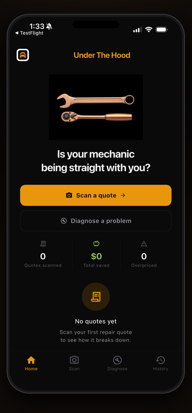 The Under The Hood home screen with Scan a quote and Diagnose a problem buttons