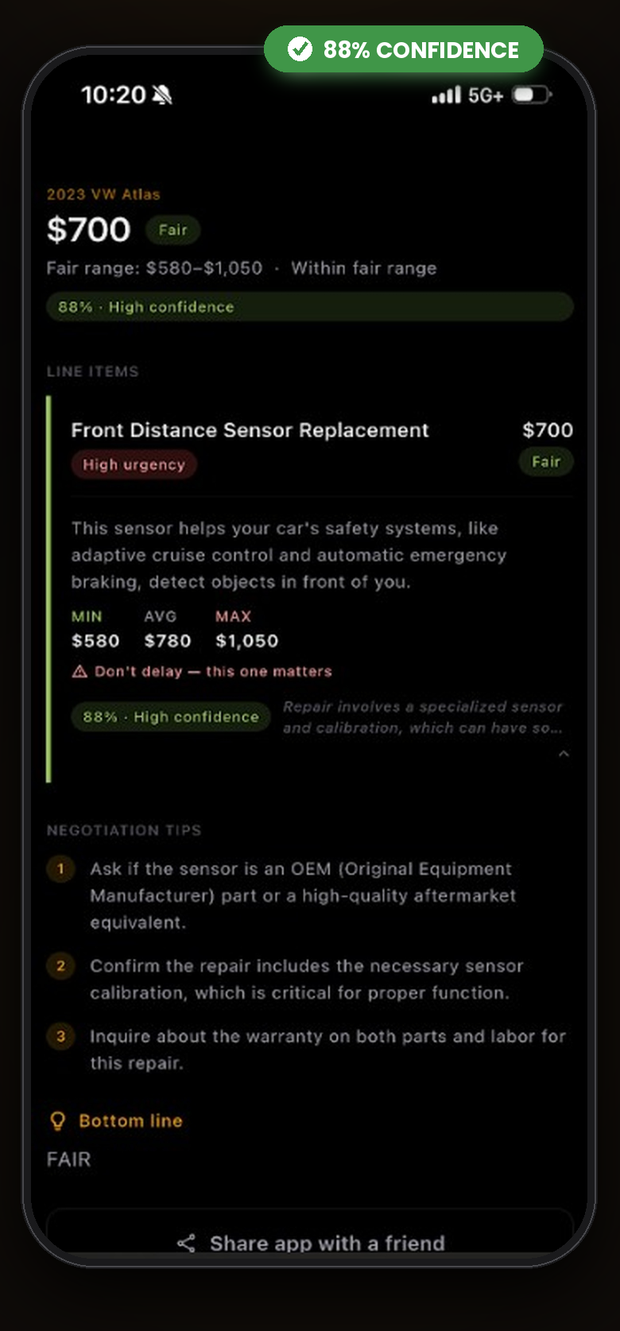 Under The Hood showing a $700 sensor replacement rated as a fair price, with an explanation, a fair price range, and negotiation tips