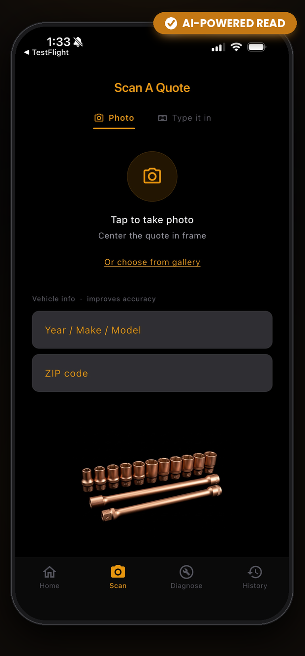 The scan screen, with a photo tab, a type-it-in tab, and fields for vehicle and location